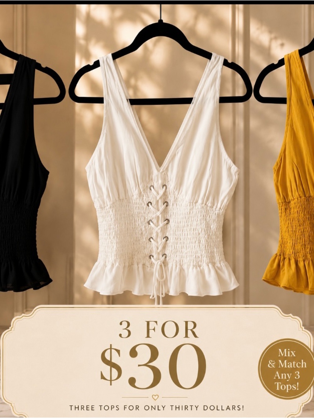 3 Heart Hips Smocked Tops Bundle | Black, White & Mustard | Size M | 3 for $30
